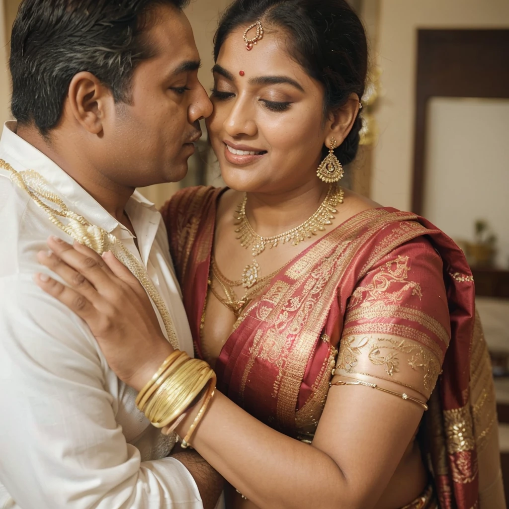 a 50-year-old shirtless man affectionately hugging and kissing aradiant, full-figured South Indian plus-sized 30 year old teacher wearing a cream silky saree in dressing room, captured in a full-body image with vibrant hues and meticulous details. Full body image