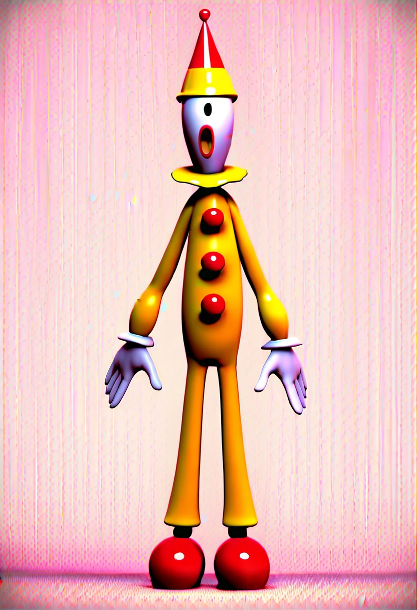 kaufmo, solo, smile, open mouth, simple background, gloves, hat, standing, full body, white gloves, black eyes, no humans, red footwear, yellow headwear, party hat, multicolored headwear, clown, 1boy, source, 3d, source_cartoon