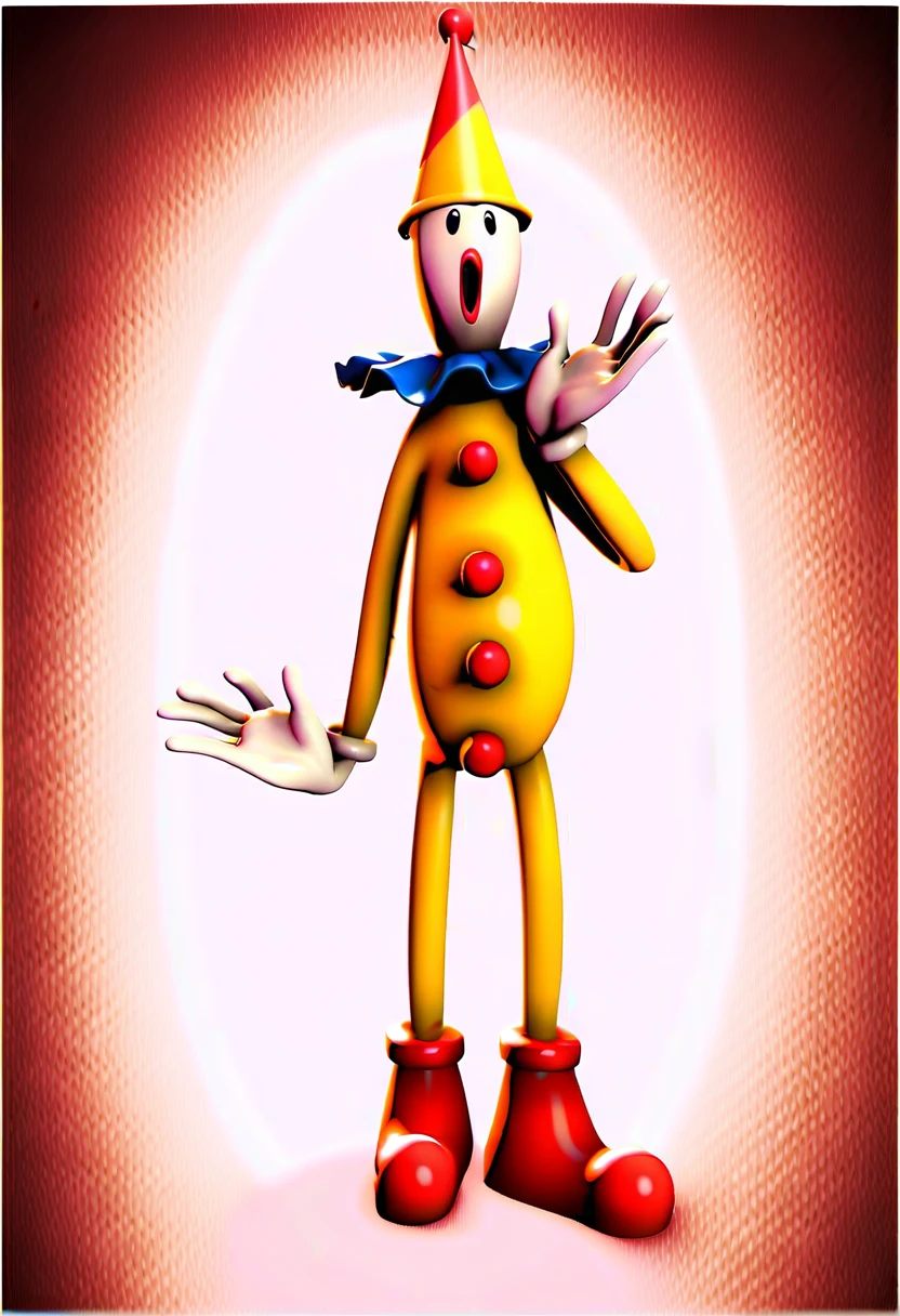 kaufmo, solo, smile, open mouth, simple background, gloves, hat, standing, full body, white gloves, black eyes, no humans, red footwear, yellow headwear, party hat, multicolored headwear, clown, 1boy, source, 3d, source_cartoon