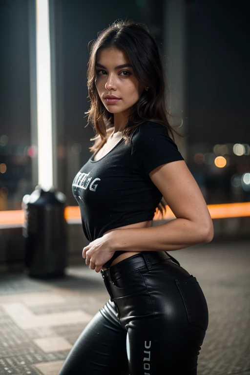 a beautiful detailed woman with healthy expression, satisfied with her body, wearing a black tight pants and a fashionable Metallica 2024 band t-shirt, posing for a photo at a concert, instagram photo(best quality,4k,8k,highres,masterpiece:1.2),ultra-detailed,(realistic,photorealistic:1.37),hdr,uhd,natural lighting,ultra-fine painting,sharp focus,physically-based rendering,extreme detail description,professional,vivid colors,bokeh,portraits