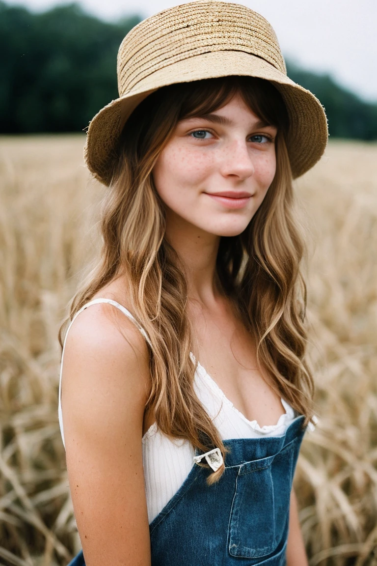 realistic photo of a -yeld gi beautiful face, cute appearance, long wavy blonde hair with bangs, freckles, wearing straw hat with overalls but we can see tits, standing farms relaxed expression, brimming with emotion, interplay of contrast along with detailed light and shadow, depth of field, dark atmosphere with candlelight scenario,