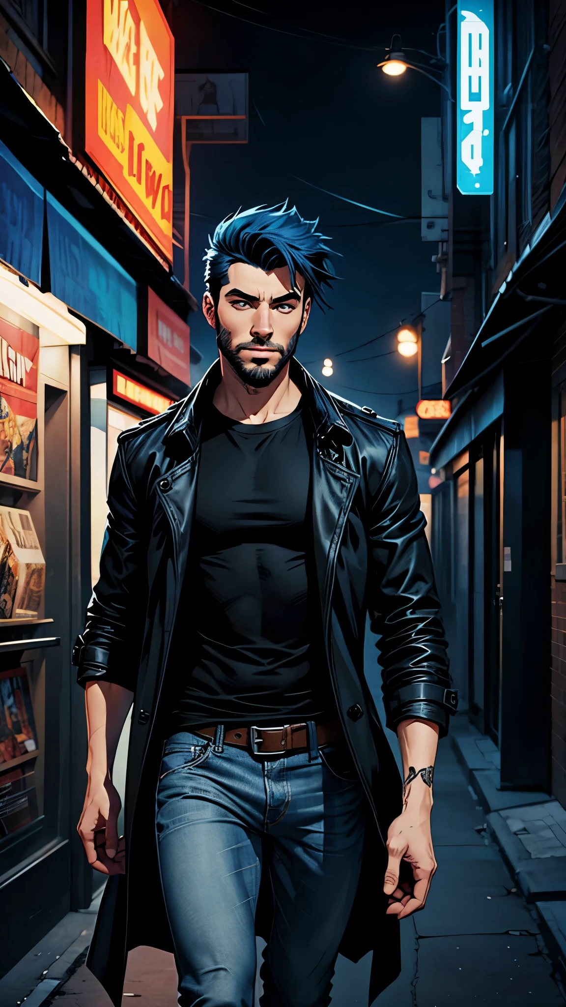 18 year old man, short blue hair, thin, Black trench coat, jeans, black t-shirt, he has days of beard. Cómic style. Marvel comics