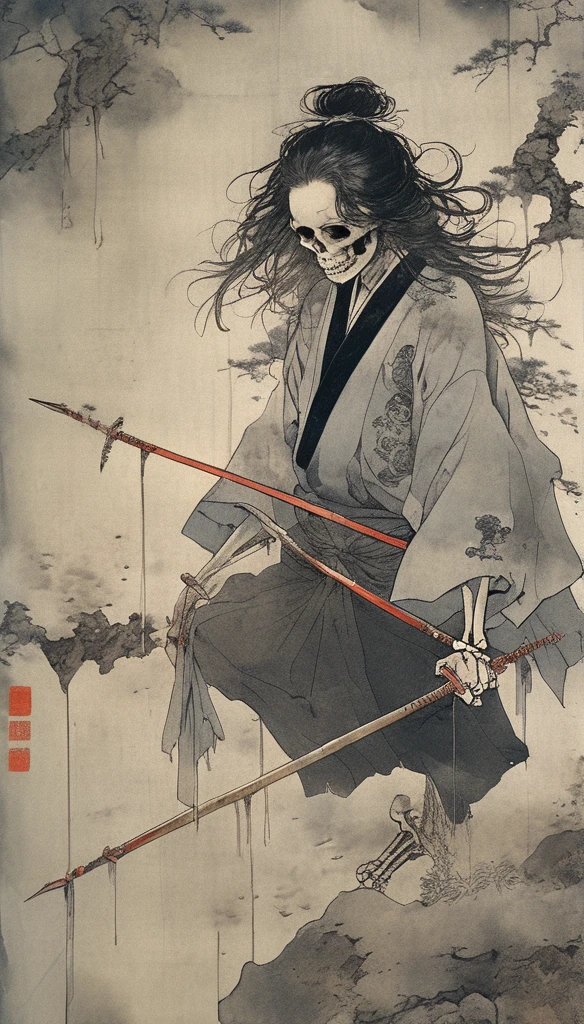 Japanese line drawing 、((Wearing tights))、 , A samurai( Tied to a wooden steak、There are many arrows stuck in it,:1.2) The skeletal structure of the lower body cannot be seen , Torn rag, Rope and bloody ground, Black sky and big moon , Floral Damask Background , Takato Yamamoto style、masterpiece,Highest quality,Absurd,Attention to detail,8K,Realistic,get away far from,Cowboy Shot,One girl,Great body,Long Hair,compensate,Outstretched arms,Full body frontal photo,Symmetric的なポーズ,Necromancer,Bone ornament,Cemetery,A skeleton comes out of the ground,Living things,Ancient,dark,evil,Complex, elegant, Very detailed, Symmetric, Magical atmosphere, Sharp focus, Majestic, extremely coherent, Shine, Advanced, Cinematic, Artistic, The finer details, victory, beautiful, amazing, Dramatic Light, design, Rich and deep colors, A perfect professional background, Surroundings, Customized set configuration
