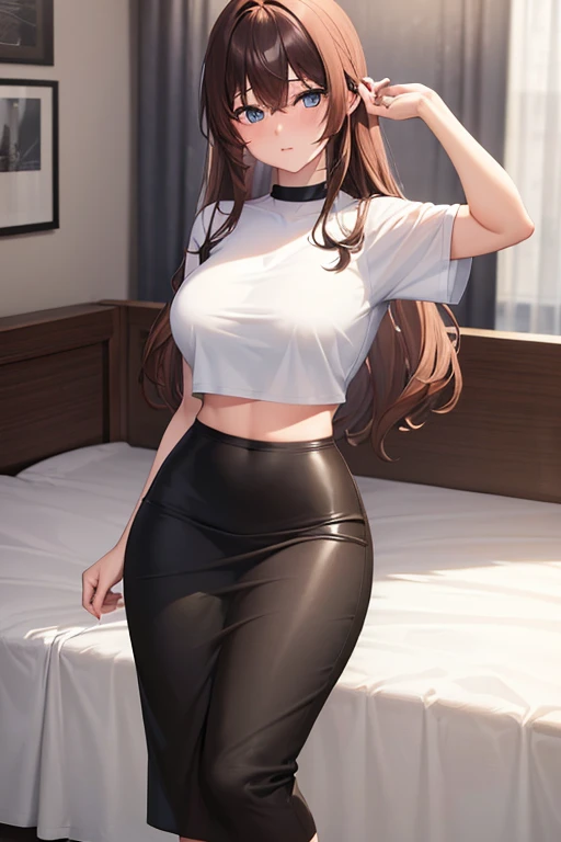 ((masterpiece, best quality, ultra-detailed)), highres, beautiful woman looking at viewer, shy, blush, black t-shirt, crop top, black midi pencil skirt, long pencil skirt, full body, wavy brown hair, bedroom, bed