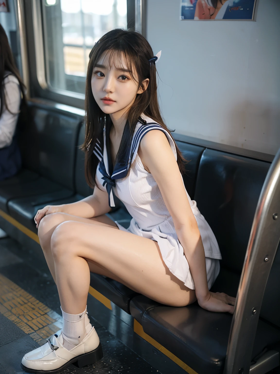 ((((Highest quality))))、(((Ultra-precision CG16K wallpaper)))、(((masterpiece)))、(((Very detailed)))、(((Attention to detail)))、(((((k-popのIVEのWONYOUNGにそっくりの女の子:1.9)))))、((Straight medium hair、Blunt bangs:1.5))、-yeld hischool girl、cute、((Slim figure))、((Thin legs))、((tall))、((Thin thighs))、((Long legs))、Height 173cm、(Shiny brown hair)、beautiful delicate brown eyes、eyeliner、eye shadow、High nose、Small nostrils、Small Mouth、Seductive lips、beautiful breasts、((C cup size breasts))、Cleavage、Voluptuous body、eight-headed body、Perfect proportions、Perfect Anatomy、Perfect composition、beautiful detailed shading、beautiful, Natural light、beautiful detail glow、Written boundary depth、(((High chroma)))、(((Genuine:1.9)))、((Vivid:1.5))、((beautiful Skin))、((Skin Texture))、((Genuineな皮膚感))、(((Full Body Shot:1.6)))、((Front view、Front Low Angle:1.6))、(((Confused face:1.4)))、(Woman is facing the front:1.6)、Bright sunlight、Natural light、(((Sitting with legs spread on a train seat:1.8)))、(Spread leg sitting position:1.6)、(((High school girl in sailor suit:1.7)))、((Earrings、Wearing a hair band:1.3))、(((Short white socks that reach to the ankles、loafers:1.6)))、(((Full Body Shot:1.7)))、cute、Slim figure、((Thin legs))、tall、Thin thighs、((Long legs))、(Anatomically correct:1.7)、((k-popのIVEのWONYOUNGにそっくりの女の子:1.6))、Red ribbon