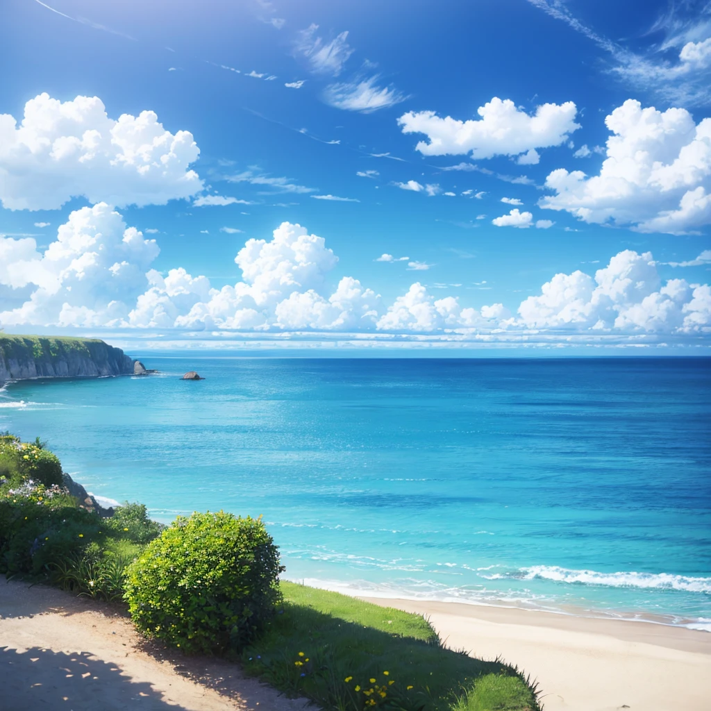 A landscape with seaside, blue sky and clouds