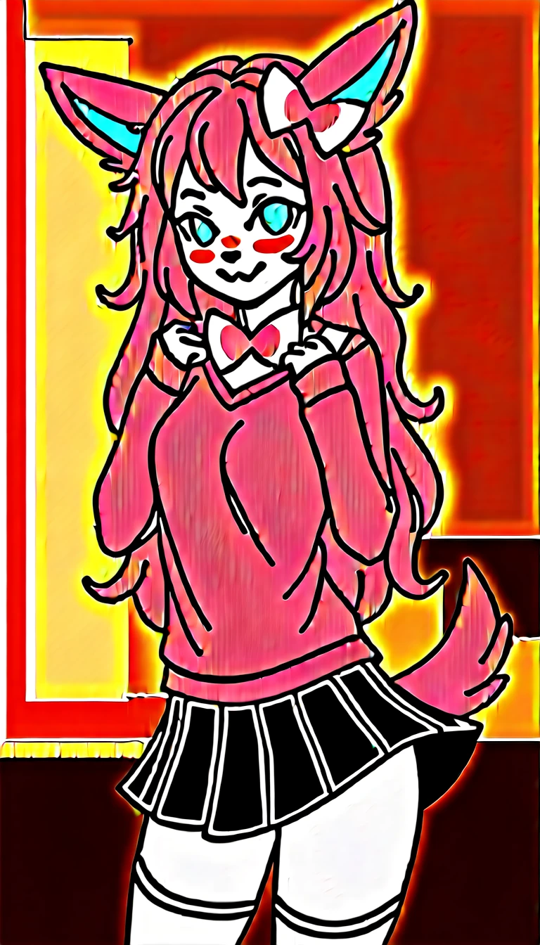 Excited expression, 1girl, anthro, furry, fur, fluffy fur, sylveon girl, pink hair (cyan highlights), cyan eyes, long pink hair, Messy hair, (19 years), medium breast, thighs, solo, (bedroom), sunset, detailed, pink sweater, black skirt, white stockings, wide smile (closed mouth), looking at the viewer, blush, score_9, score_8_up, score_7_up, score_6_up, score_5_up, score_4_up