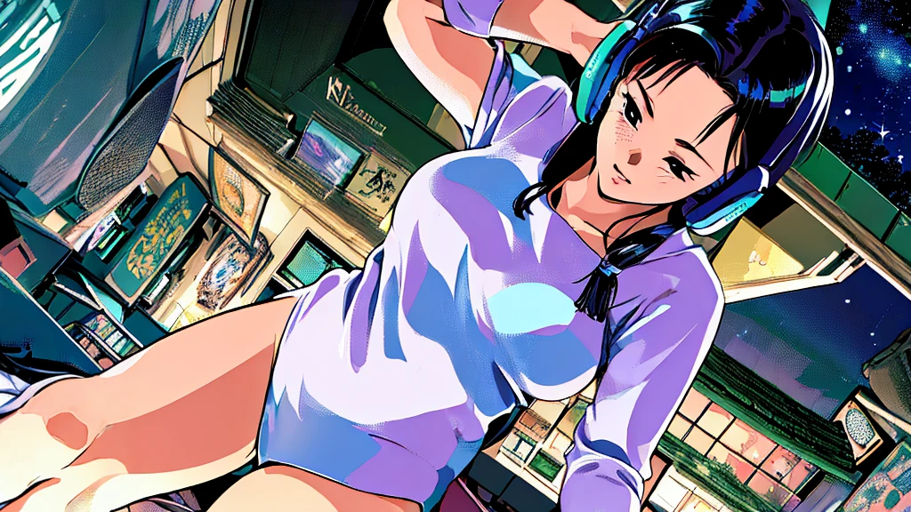 ((masterpiece)),(((Highest quality))),((Super detailed)) Realistically, 1 Girl, beautiful, Wearing headphones, One person　 buildingの屋上から広がるnight景を見てる, city, Starry Sky, building, night.　Long Black Hair　The wind is blowing　新宿の広がるnight景　sexy　high resolution　Landscape　The person is on the right side of the screen.　night景をメインに