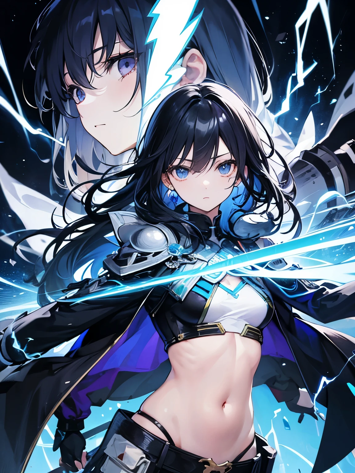 Face only、Black Hair、White Shaggy、Two-tone hair、Odd Eye、Right eye is red、left eye is purple、Emblem on left eye、My hair is standing up、Short、Floating in the air、the sword is floating、1 person、Are standing、cool、(Black Background)、Young、Long Hair、Blue aura、Blue Lightning、Black lightning、Sickly、Belly button、Shoulder Bare、Over jacket、Bending、Low exposure、No exposure