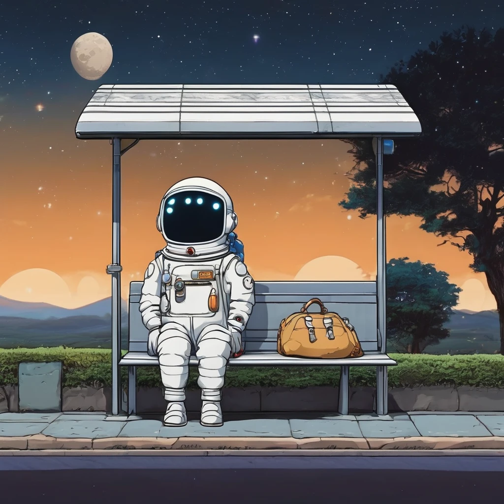 Cute spaceman waiting at moon bus stop, Hayao Miyazaki style, Studio Ghibli style