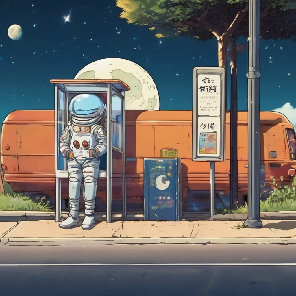 Cute spaceman waiting at moon bus stop, Hayao Miyazaki style, Studio Ghibli style