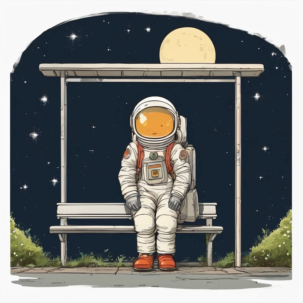 Cute spaceman waiting at moon bus stop, Hayao Miyazaki style, Studio Ghibli style
