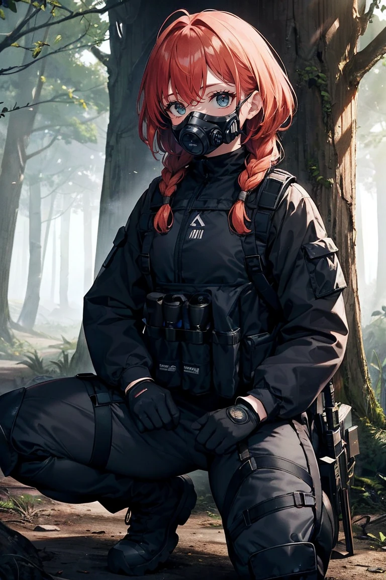 a woman, Face: Has a face partially covered by a high-tech gas mask, designed with several layers and filtering respirators. The eyes are visible through clear lenses, showing a watchful and determined look. Hair: The hair is long, orange-red in color, tied in a braid that falls over her right shoulder, adding a touch of practicality and style to her appearance. Clothing: Suit: Wears a full-body protective suit, similar to tactical suits. The material appears to be a combination of kevlar fiber and other resistant composites, with a predominant color scheme in gray tones and turquoise blue details. Chest: The upper part of the suit includes a chest plate with integrated armor plates, providing additional protection. The plates are outlined with metal edges that reinforce its sturdiness. Gloves: Her hands are covered with thick gloves that seem to be designed to handle dangerous or contaminated objects. Boots: He wears tall, reinforced boots designed for long walks on difficult terrain, with thick soles and protective details on the ankles and shins. Accessories: Gas Mask: The mask he wears is an advanced piece, with several filters and possibly integrated communication systems. It fits snugly to his face, suggesting a custom design. Additional Details: The suit has several pockets and straps, presumably for carrying tools, small arms, or other equipment necessary for his survival in a hostile environment. Scenery for the 10th Anniversary of the STALCRAFT Game: General Setting: Location: The event is held in a wide clearing within a dense, contaminated forest. The trees have a twisted appearance and withered leaves, reflecting the radioactive environment of the STALKER universe. in her hands have a cake that say happy ten years