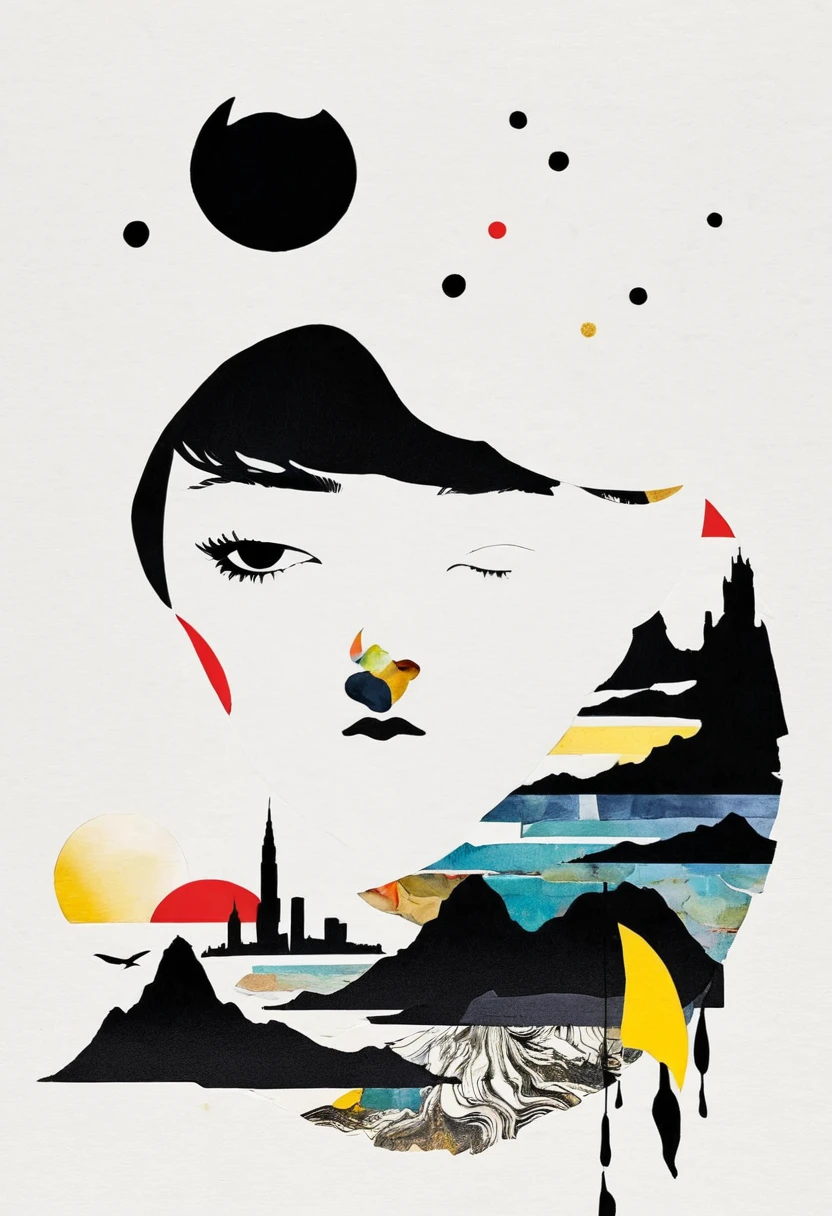 Montage Art Creation。Minimalism,Ink,cut-out paper collage
