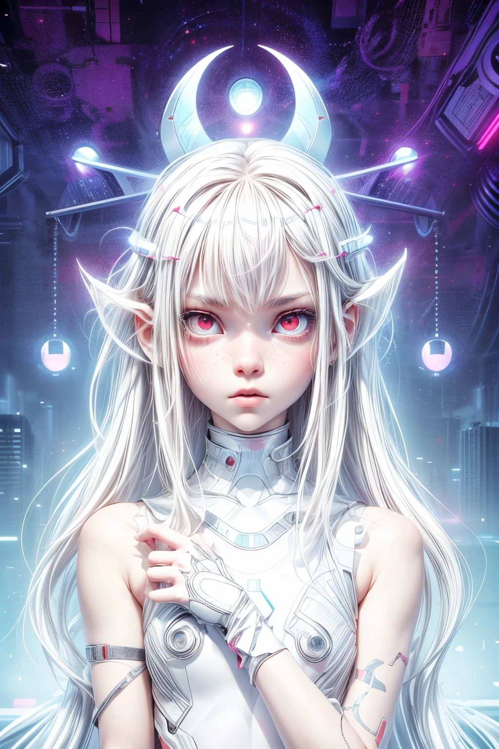 appearence a teenage girl eyes,albino,calm,quiet,cute,pretty,full body,looking ahead,short hair combed back,red outfit,black short,tied hair,spider verse suit,serious look,cyberpunk background