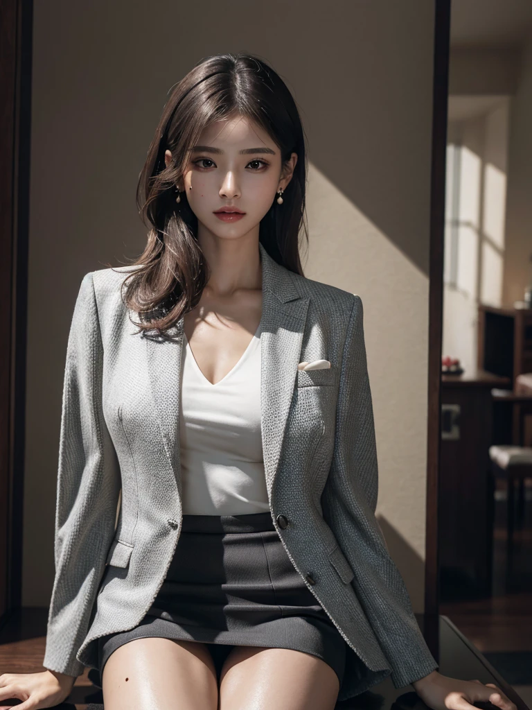 absurdres, RAW photo, extremely delicate and beautiful, masterpiece, Best Quality, ultra high resolution, 32k, hyperrealistic, ultra-detailed, perfect anatomy, super Detailed skin, perfect figure, Super Beauty, Perfect Style, Perfect balance, in her 20s, very Slim body, narrow waist, very small head, very small face, delicate facial features, tearful mole, earring, very huge round breasts, bare legs, medium hair, full body shot, business suit, Jacket, blouse, short skirt,