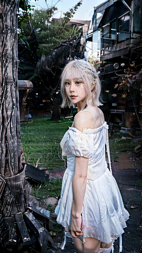 The background is a city, perfect white-haired girl,  in dress, white-haired, white-haired god, cute anime waifu in beautiful clothes, gray-haired, best anime 4k konachan wallpaper, little curve , guvez on Pixiv ArtStation, white-haired girl, nightcore, standing on a tree, looking up at the stars, face super detailed