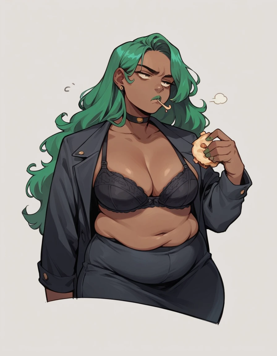 beautyfull woman, long green hair, long hair, african skin, green lipstick, black skirt, black bra, black chocker, bored, black jacket, chubby, eating hamburguer