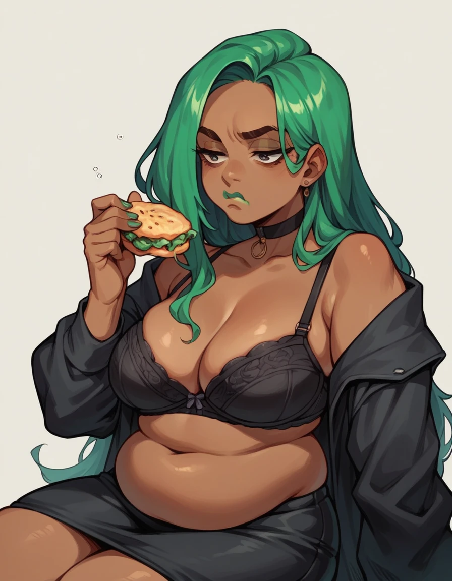 beautyfull woman, long green hair, long hair, african skin, green lipstick, black skirt, black bra, black chocker, bored, black jacket, chubby, eating hamburguer