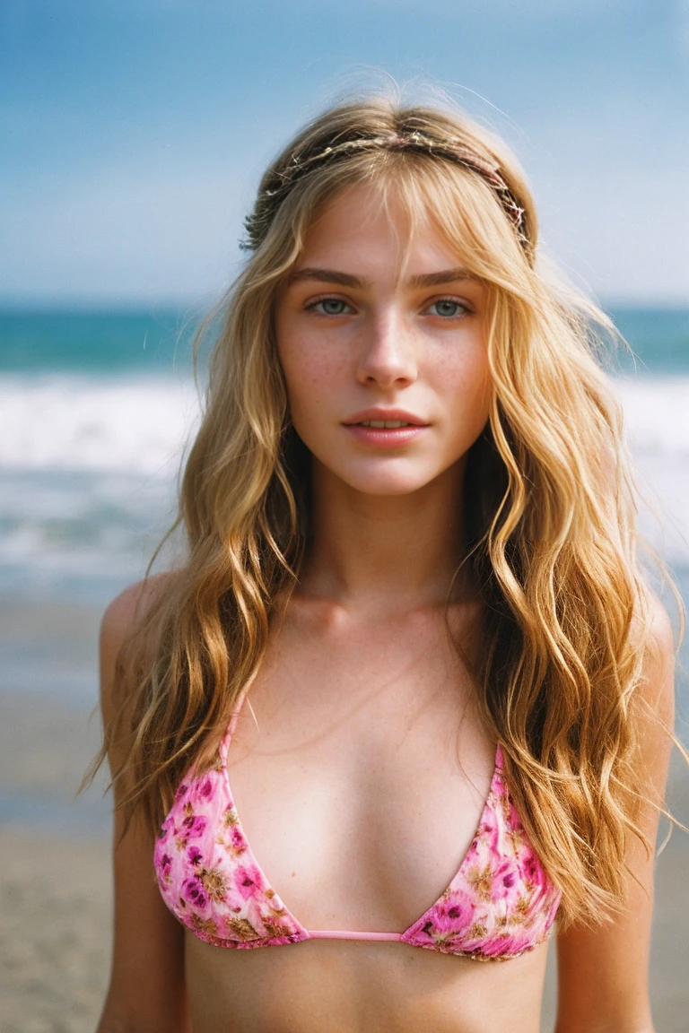 realistic photo of a -yeld gi beautiful face, cute appearance, long wavy blonde hair with bangs, freckles, wearing pink bikini with crown flowers, standing at the beach expression, brimming with emotion, interplay of contrast along with detailed light and shadow, depth of field, dark atmosphere with candlelight scenario