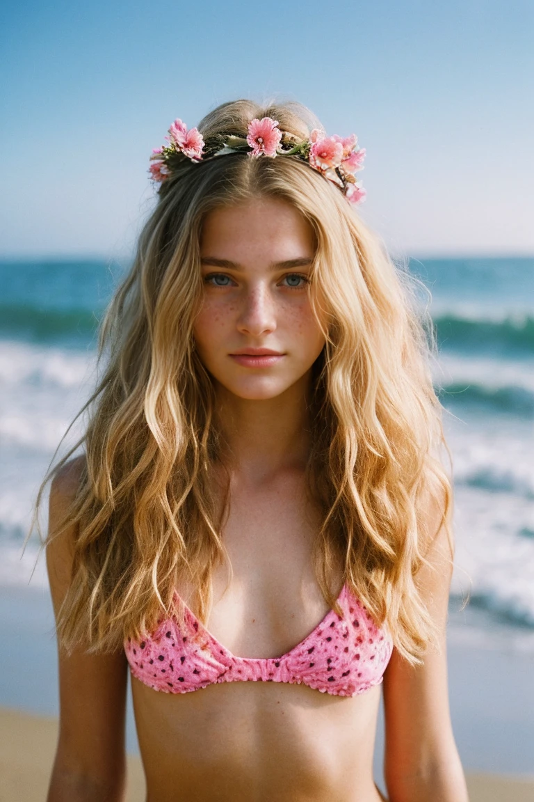 realistic photo of a 17-year-old girl, beautiful face, cute appearance, long wavy blonde hair with bangs, freckles, wearing pink bikini with crown flowers, standing at the beach expression, brimming with emotion, interplay of contrast along with detailed light and shadow, depth of field, dark atmosphere with candlelight scenario