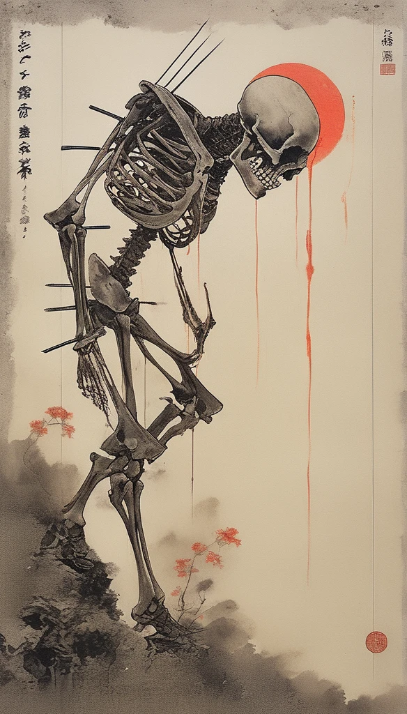 Japanese line drawing 、((Wearing tights))、 , A samurai( Tied to a wooden steak、There are many arrows stuck in it,:1.2) The skeletal structure of the lower body cannot be seen , Torn rag, Rope and bloody ground, Black sky and big moon , Floral Damask Background , Takato Yamamoto style、masterpiece,Highest quality,Absurd,Attention to detail,8K,Realistic,get away far from,Cowboy Shot,One girl,Great body,Long Hair,compensate,Outstretched arms,Full body frontal photo,Symmetric的なポーズ,Necromancer,Bone ornament,Cemetery,A skeleton comes out of the ground,Living things,Ancient,dark,evil,Complex, elegant, Very detailed, Symmetric, Magical atmosphere, Sharp focus, Majestic, extremely coherent, Shine, Advanced, Cinematic, Artistic, The finer details, victory, beautiful, amazing, Dramatic Light, design, Rich and deep colors, A perfect professional background, Surroundings, Customized set configuration