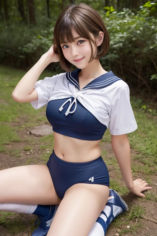 (Japanese girl tying her shoelaces)、cute、Brown Hair、((Short Bob Hair、Deep blue eyes:1.2))、Shiny and smooth hair、Thick bangs、(A thoughtful smile:1.2), Very detailed顔と目,Highest quality, Ultra-high resolution,Ultra-realistic shiny skin、Very detailed, 8K, RAW Photos, Perfect Anatomy、(The top is a sailor suit)、(The navel is hidden by the sailor suit),Tight fitting volleyball uniform、Bloomers,Bloomers:1.4Thighs、Thighs、In the woods