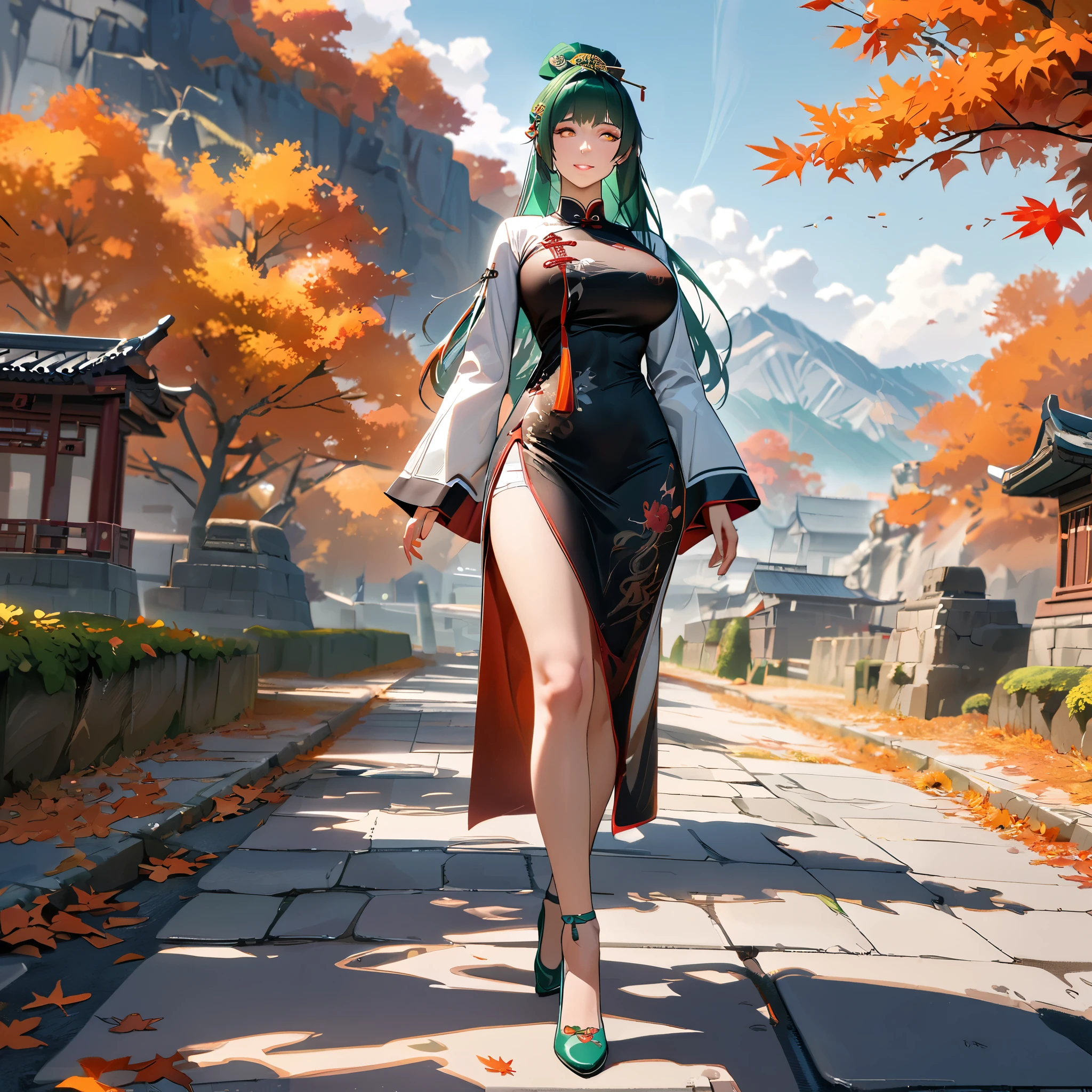 A woman wearing long-sleeved traditional Chinese dress, green hair, long hair, hair ornament in traditional Chinese aesthetic, green heels, orange eyes, walking on a concrete sidewalk, with trees in autumn aesthetic, orange leaves, background with large mountains , smiling, big breasts, daytime location,..UHD , prime work , accurate , anatomically correct , textured skin , super details , high quality , best quality, 8k, high resolution, bokeh effect. (woman solo), realistic, close view
