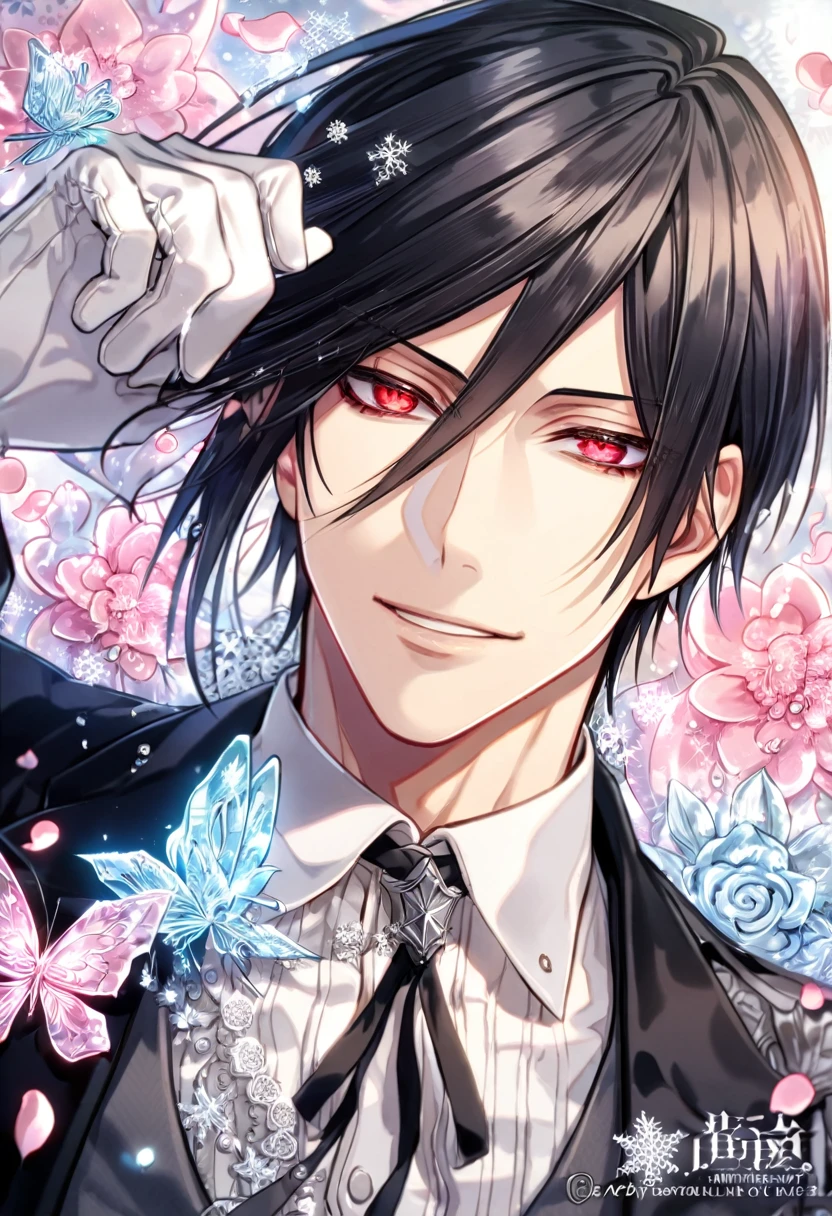 Ultra detailed, HDR, Highres, absurdres, master piece, Sebastian Michaelis, black hair, expressive red eyes, Kuroshitsuji, black jacket, gray vest, white shirt, handsome, ice glittering butterflies, ice, petals, pink ice glass flowers, glittering, water, fantasy, magical, snowflakes, cold, handsome smile, white gloves, Black Butler, solo, sexy man sitting