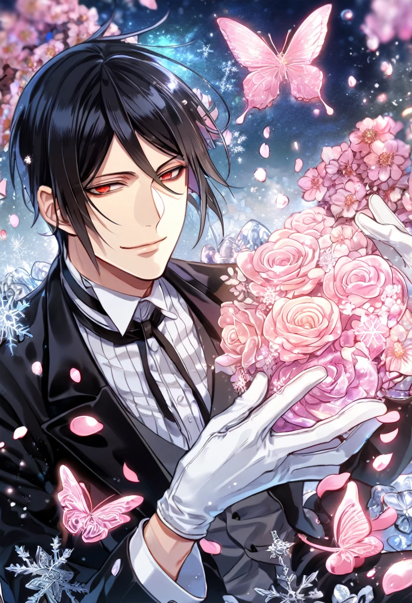 Ultra detailed, HDR, Highres, absurdres, master piece, Sebastian Michaelis, black hair, expressive red eyes, Kuroshitsuji, black jacket, gray vest, white shirt, handsome, ice glittering erflies, ice, petals, pink ice glass flowers, glittering, water, fantasy, magical, snowflakes, cold, handsome smile, white gloves, Black Butler, solo, sexyn sitting