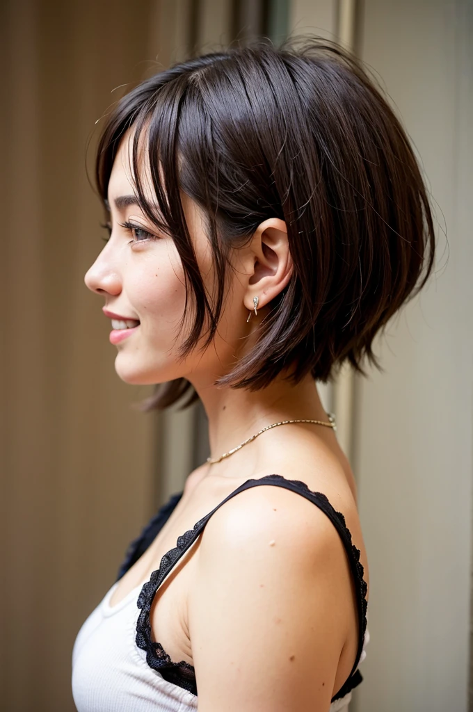 Top quality, 1 beautiful woman, super short Hair, shy Smile, wearing camisole, Profile