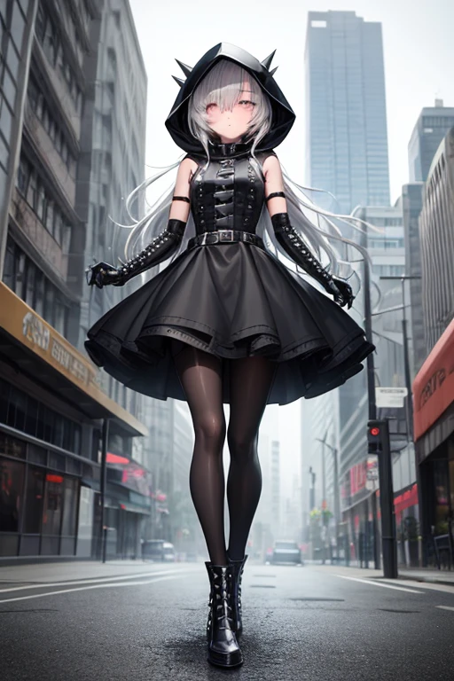 ((best quality)), ((masterpiece)), (detailed), 1 girl, Full body, 18 years old, Depressed face, Silver eyes, Arm outstretched, Gray zippered hood, Blushing, Silver hair, Spiky hair, Bangs, Strand of hair covering eye, Full body, Very tall, Small breasts, Thin body, Metal spikes, Gray wristbands, Long black gloves with spikes, Gray gothic lolita dress, Gray dress with metal spikes, Metal emblem, Somewhat tight, Black belt, Metal legs, Black pantyhose, Black boots, Walking through the city, Giant metal spikes sticking out of the street, Cracked road, City background, Anime