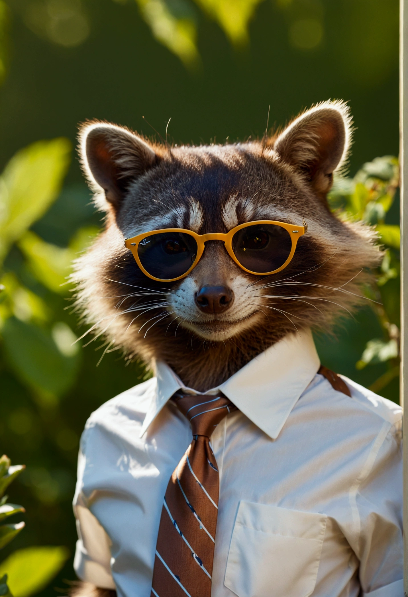 a raaccoon consultant is in the garden sunbathing, with his tie loosened and two shirt buttons open, wearing very stylish ray-ban sunglasses