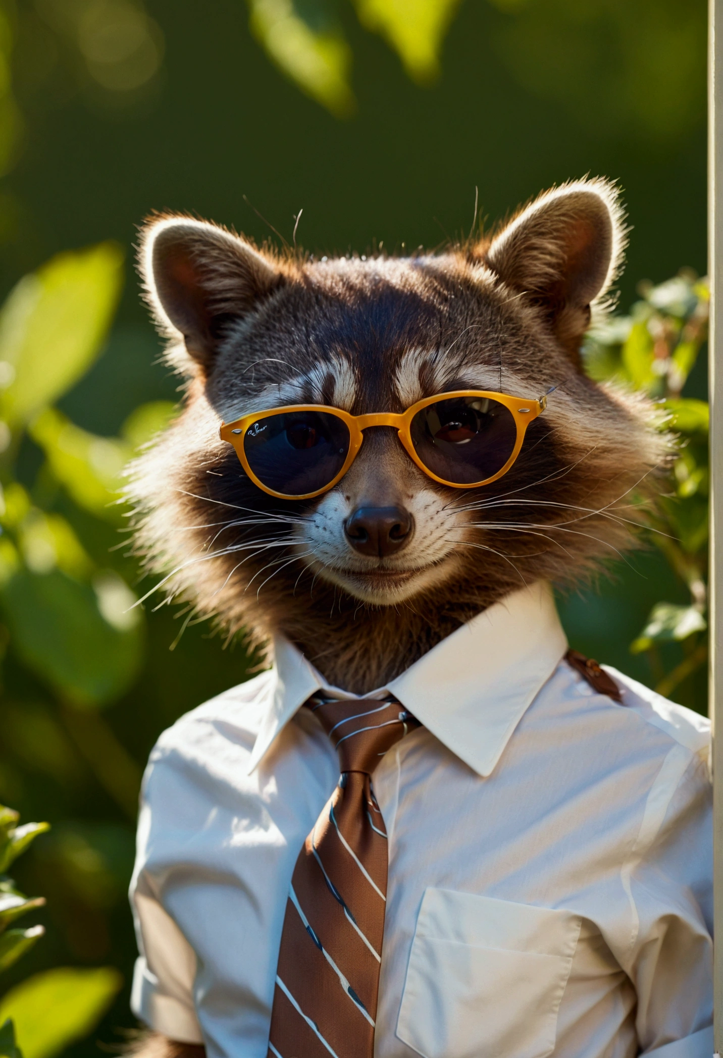 a raaccoon consultant is in the garden sunbathing, with his tie loosened and two shirt buttons open, wearing very stylish ray-ban sunglasses