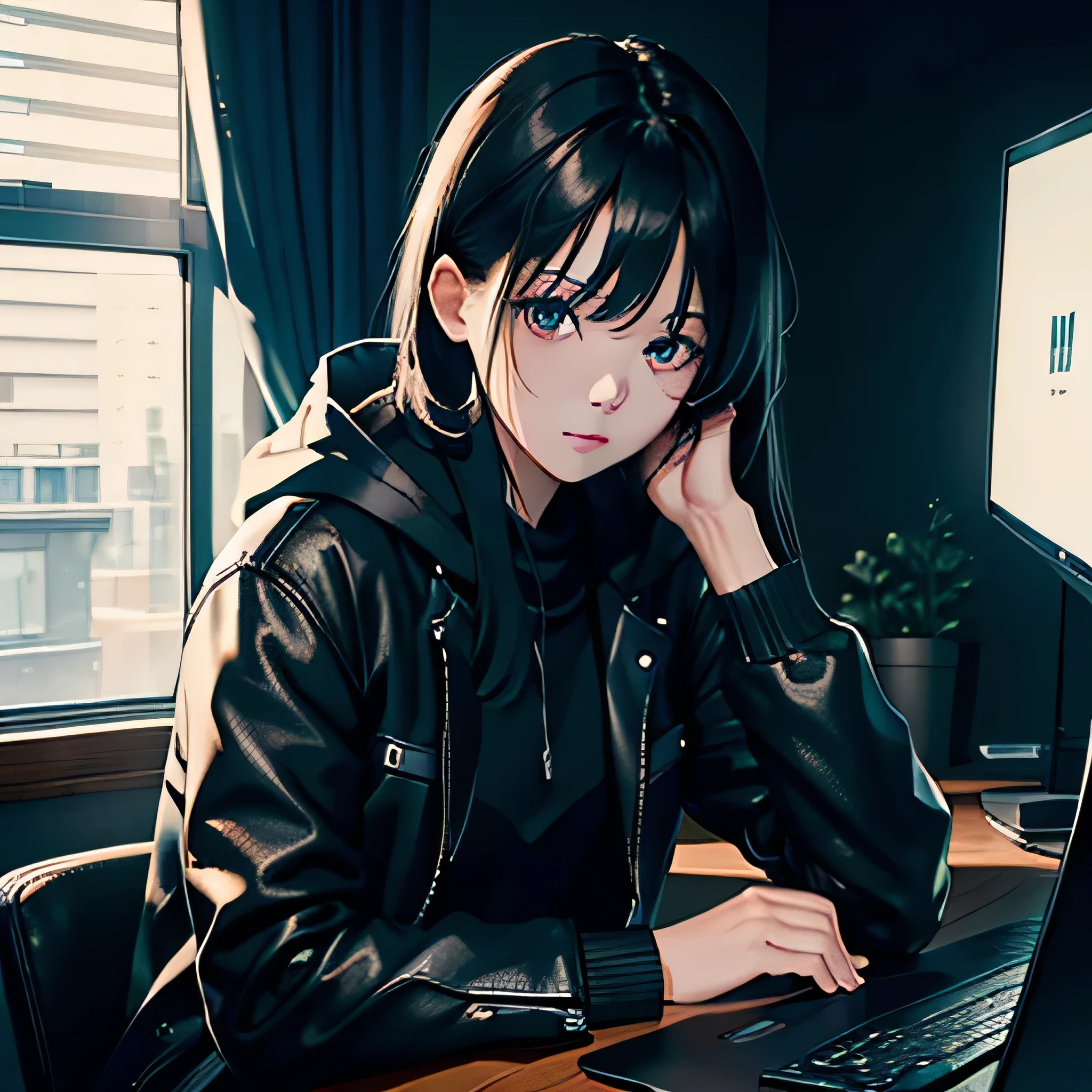 (Highest quality), (32k), (High resolution:1.5), (Masterpiece:1.5), A hooded man sitting at a desk in a dark room operating a gaming PC, Black Hair, Eyes hidden by long bangs, Dark Shadows, Dark Room, Sit at your computer desk, Operate a desktop computer, Black leather hood, Expressionless, Professional photographer, Professional Lighting