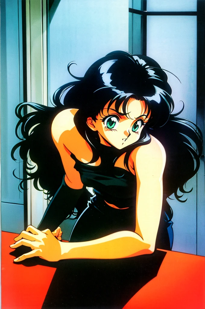 Browsing Caution、1990s (style), 1980s (style), retro artstyle, girl, Long black hair, Green Eyes, Mean face, Wavy Hair, Wearing a suit, office, Highest quality, masterpiece.