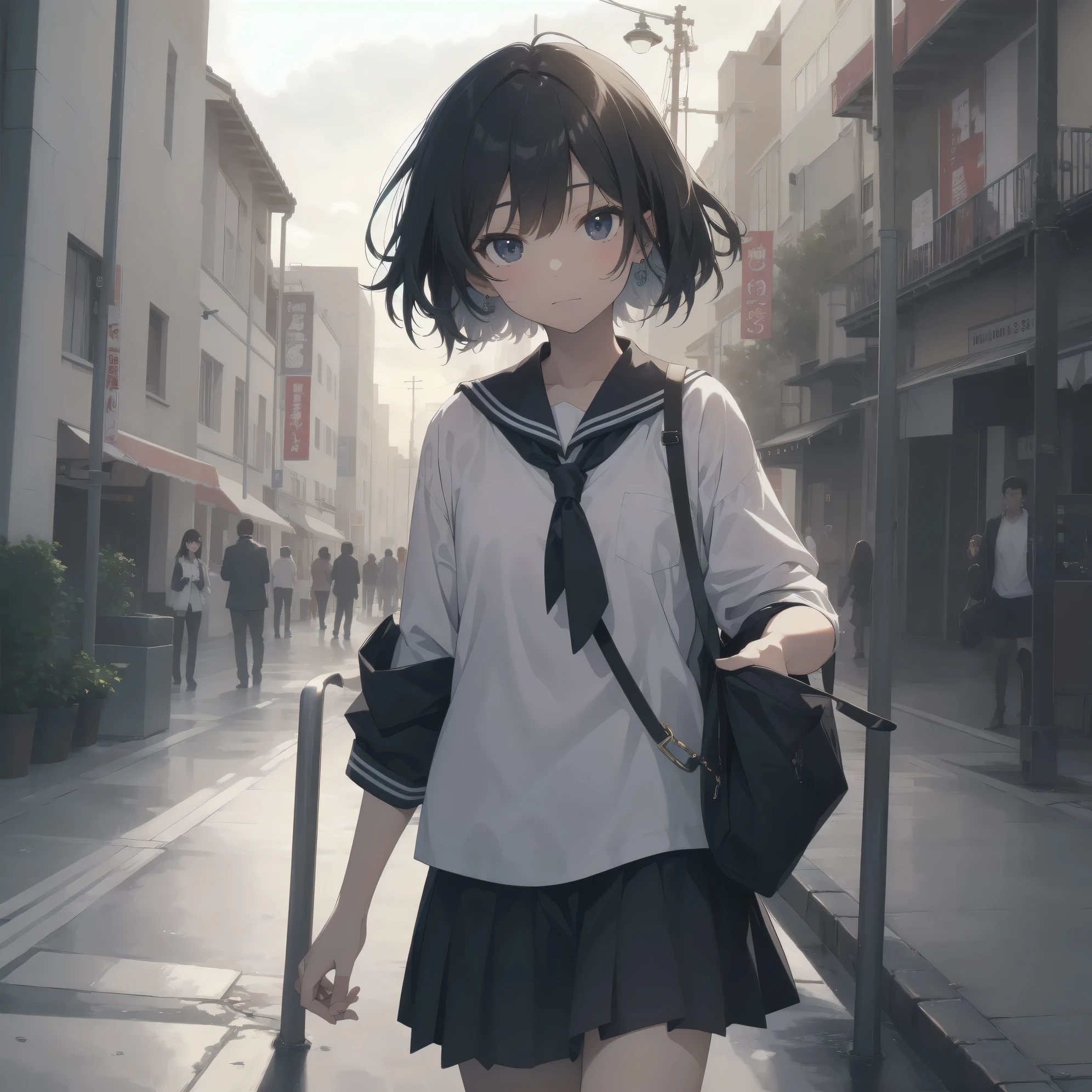 ultra-absurdres-Top quality by artist God, ultra-detailed, high resolution, anime moe artstyle, best anime 8k konachan wallpaper, pixiv contest winner, pool:2810, perfect anatomy,break, 1girl, (Please draw a girl walking sleepily to school alone. )break,(Solo,little female, 13-year-old:1.3),Full limbs, complete fingers,a junior high school student, (very short hair), short cut, flat chest, , small butt, small black eyes, beautiful detailed eyes, well-proportioned iris and pupils, expressive eyes, highres detailed hair, soft expression, salor school_uniform, sailor collar, serahuku, bow, pleated skirt,(Detailed Lighting), (Detailed background), in the School commute route. break,super detailed skin, Best cinematic lighting powered by famous artist, 8k,beauty illustration,photoshop_(medium),very aesthetic,break,((artist:beni_shake )), artist:clamp ,artist:carnelian ,artist:kantoku ,
