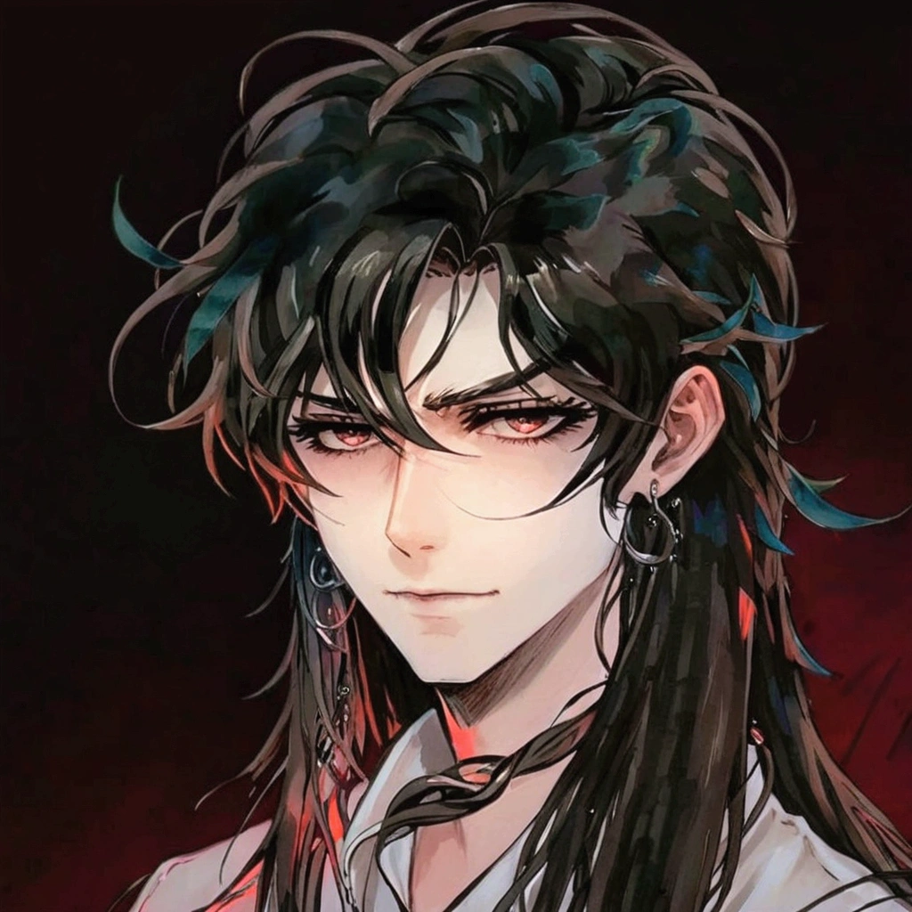 Anime boy with,red hair,pale skin,plump lips,dark eyes,long eyelashes