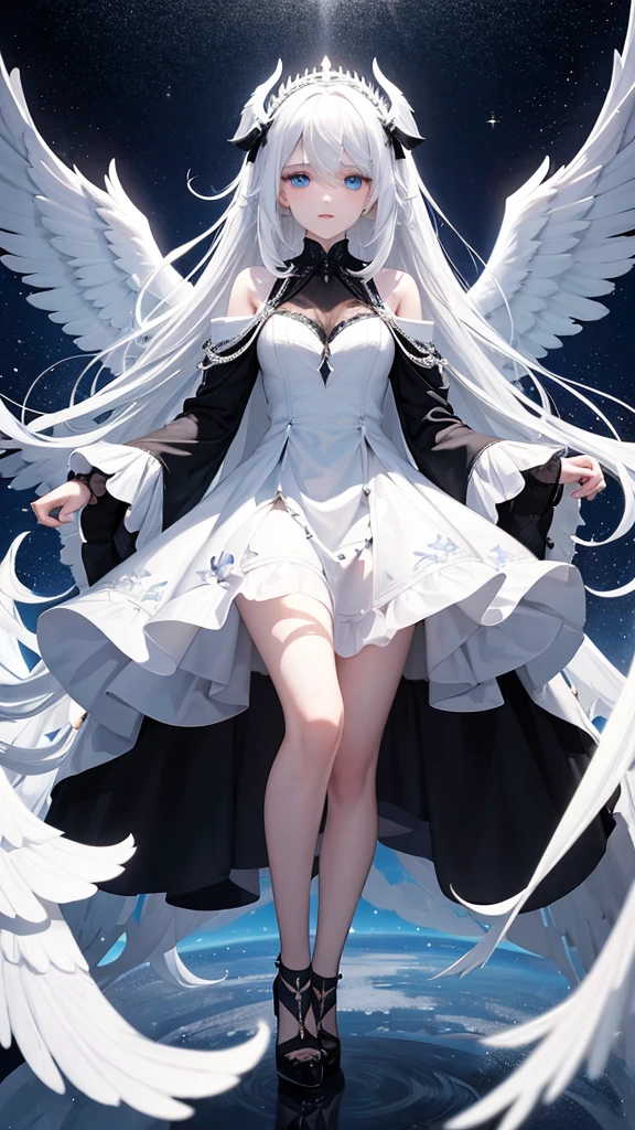 A beautiful young princess with black hair and blue eyes., she is wearing her beautiful long white dress