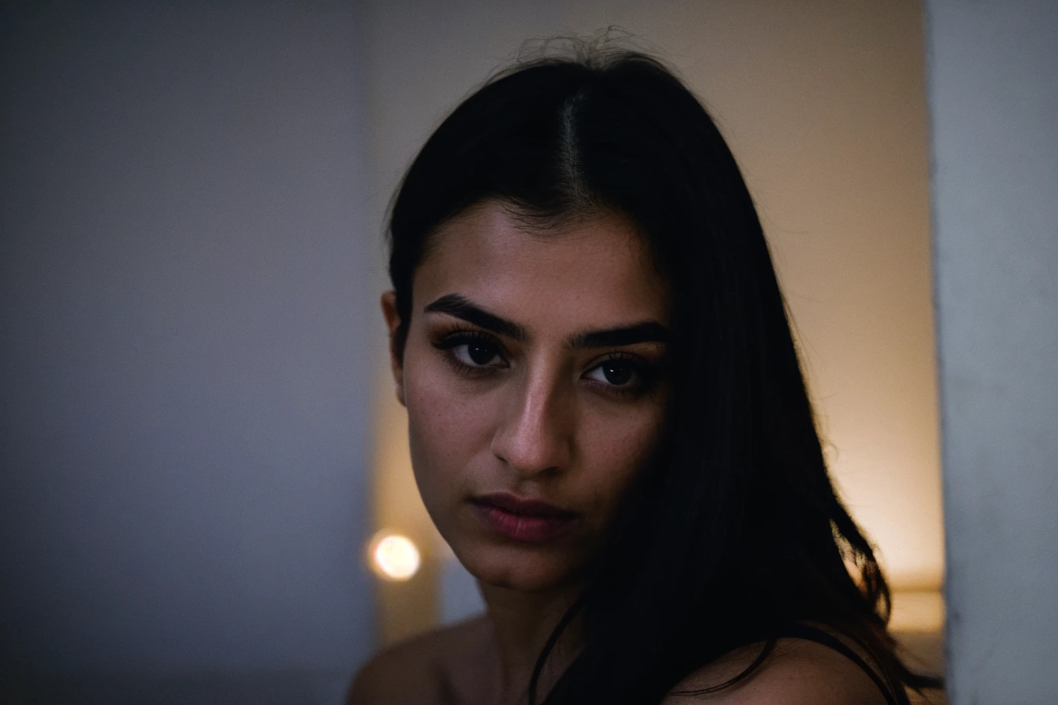 RAW photo,dark,moody,hazy atmosphere,35mm focal lenght,underexposed,cold,candid photograph,artistic,photograph of a beautiful,influencer,30yo Kurdish woman,detailed skin,fully naked,looking at viewer, candid pose,dim room,blue light, film grain, kodak color, instagram LUT