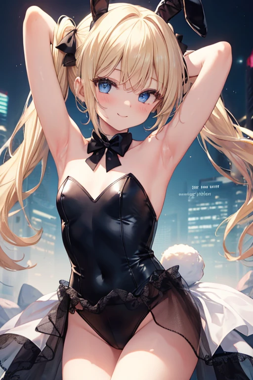 blonde、blue eyes、girl、Small breasts、Twin tails、girl、Small breasts、ta、Bright smile、Looks about 15 yan Musume、short、目のhighlight、Sexy thighs、Bunny Girl Costume、Black rabbit ears、casino、Super sexy bunny girl、Please show me your armpits、Your eyes are so beautiful、highlight