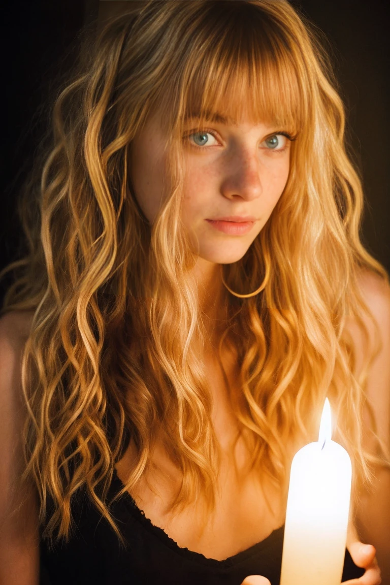 realistic photo of a 17-year-old girl, beautiful face, cute appearance, long wavy blonde hair with bangs, freckles, wearing cosplay gamer, standing in gamer room, expression, brimming with emotion, interplay of contrast along with detailed light and shadow, depth of field, dark atmosphere with candlelight scenario