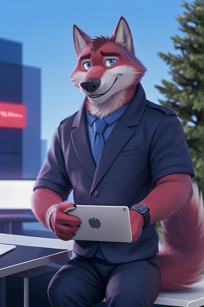 Joachim Wolfbach (Zootopia),tall handsome, wolf,young, 24 years, brown fur, hair on the head,(red body:1.3),Blue eyes, Moscow Dressed, shirt,blazer, tie,trousers,blue sandals, canine, wolf, detailed fur, Male, antro, paw pads, finger claws,holding a laptop, at viewer, 5 fingers, paws, 5 fingers, smile, happy, resting, wrist watch, т nextel, sitting at home watching TV, by xenoforge, (difficult, high detail, film photography, soft focus, RAW, pilot by training,smile смех 
фотореализм, realistic, photorealistic, analog style, Subsurface scattering, 
masterpiece, Best quality, ultra realistic, 8 k)