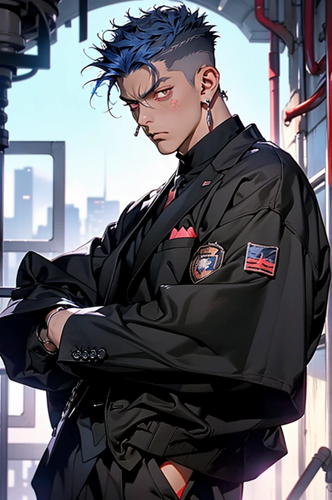 highest quality, 8K, high resolution image, anime style Jujutsu Kaisen, (Gilgamesh | Fate), detailed strokes, bored look , blurred, purple light reflecting from it, (close angle), 1 man, young, male, model, hand in pocket, cool guy, multicolored Background with various geometric shapes, around stickers, muscular, Blue hair, Red eyes, short Hair, Blue hair, highlighted hair ,swollen chest, He is wearing a black sportjacket and black sweatpants, Black Sportjacket, black sweatpants and a gold link chain, sweatpants, Background: Room,