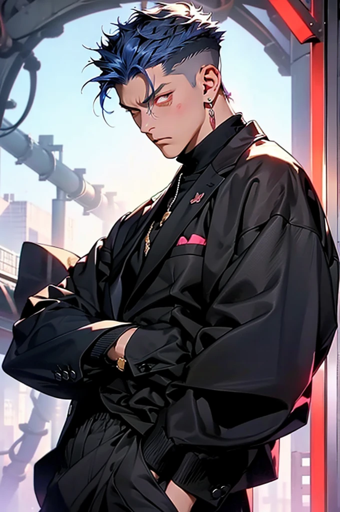 highest quality, 8K, high resolution image, anime style Jujutsu Kaisen, (Gilgamesh | Fate), detailed strokes, bored look , blurred, purple light reflecting from it, (close angle), 1 man, young, male, model, hand in pocket, cool guy, multicolored Background with various geometric shapes, around stickers, muscular, Blue hair, Red eyes, short Hair, Blue hair, highlighted hair ,swollen chest, He is wearing a black sportjacket and black sweatpants, Black Sportjacket, black sweatpants and a gold link chain, sweatpants, Background: Room,