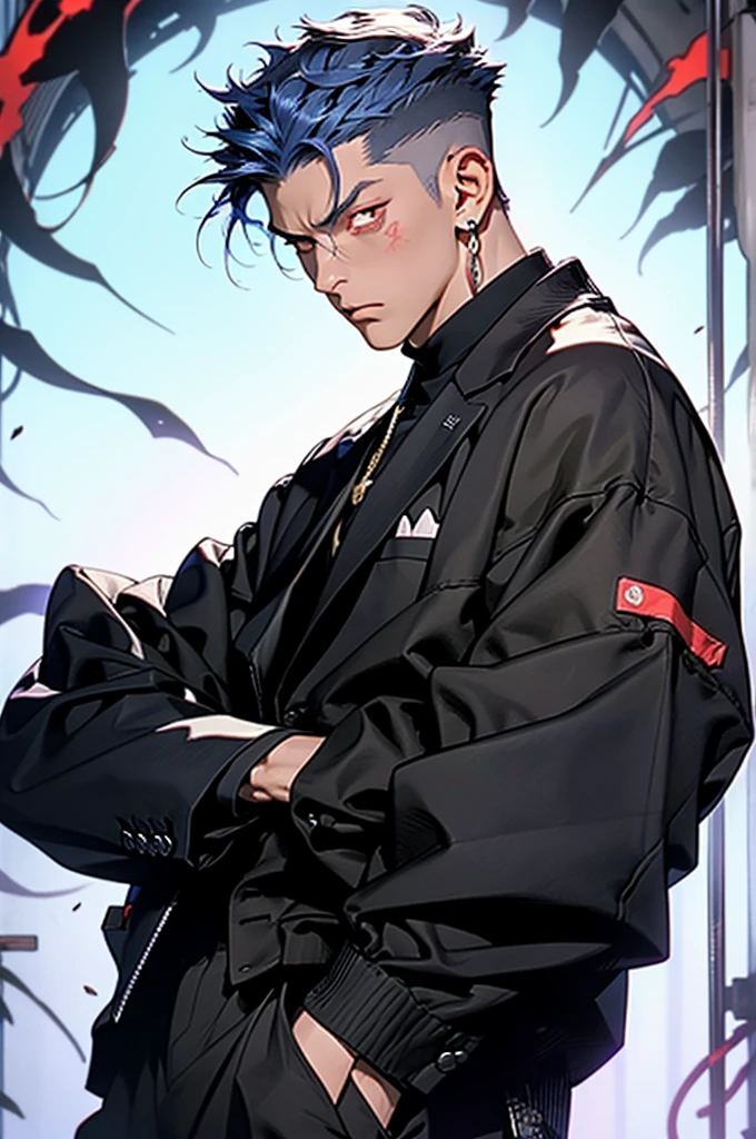 highest quality, 8K, high resolution image, anime style Jujutsu Kaisen, (Gilgamesh | Fate), detailed strokes, bored look , blurred, purple light reflecting from it, (close angle), 1 man, young, male, model, hand in pocket, cool guy, multicolored Background with various geometric shapes, around stickers, muscular, Blue hair, Red eyes, short Hair, Blue hair, highlighted hair ,swollen chest, He is wearing a black sportjacket and black sweatpants, Black Sportjacket, black sweatpants and a gold link chain, sweatpants, Background: Room,