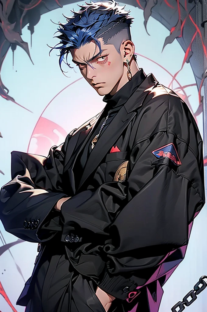 highest quality, 8K, high resolution image, anime style Jujutsu Kaisen, (Gilgamesh | Fate), detailed strokes, bored look , blurred, purple light reflecting from it, (close angle), 1 man, young, male, model, hand in pocket, cool guy, multicolored Background with various geometric shapes, around stickers, muscular, Blue hair, Red eyes, short Hair, Blue hair, highlighted hair ,swollen chest, He is wearing a black sportjacket and black sweatpants, Black Sportjacket, black sweatpants and a gold link chain, sweatpants, Background: Room,