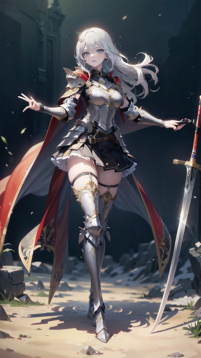 A girl wielding a sword，17 years old，Blonde long hair，Green Eyes，Silver metal armor covering the upper body，pleated micro mini skirt，Thigh-length silver metal boots，Big red cape，white thigh high stockings，Holding a beautifully decorated long sword，Jump and slash at the enemy，(((Open your legs and hold your sword)))，((Perfect beautiful girl))，((Slim figure))，Silver gauntlet，(Full body up to the toes)，A windswept, desolate wilderness，(Panty shot)，(((Ultra-high resolution)))，((Highly detailed eyes))