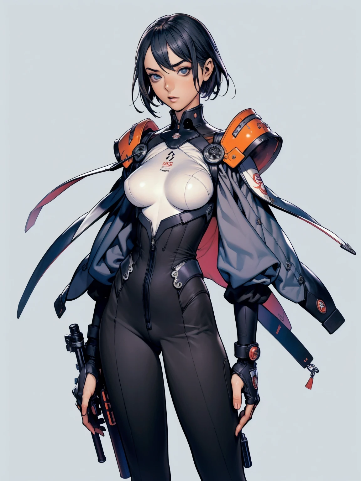 (((Annie Lennox))), ((( transparent dark grey blue suit ))), (((bandaged arms))), ((high collar)), (((Ryuko Matoi))), (((micro skirt with vertical seams))), (((best qualityer: 1.4))), (Unbeatable masterpiece), (hiper HD),(CG 8k hyper-realistic), (((brave face))), (((breasts big))), (((hyper feminine))), sexly girl, Thor,（black bob hair)), ((( sculptural body ))), (((1 Kizi))), Kizi cibernética de 25 anos com perfectbody,,Beautiful and well-groomed face,muscular body:1.2,solid color detailed jacket, (Head to thigh photos), Complex equipment, green dark，long pants，Tight clothes are dark，With white stars and off-white stripes,,,,,Armor Metal Electronic Parts) INFO, Kizi, (((standing alone))), pirralha violent, (((14歳))), sexly, pose de atitude, work of art, post-apocalypse, (((manga style))), bounty hunter, violent, Manic, the way you want, slenderbody, thin but strong, perfectbody, roupa moderna, advanced technology, neon, sleeves with vertical striped pattern, neutral background, (( cowboy shot )). intricate visual