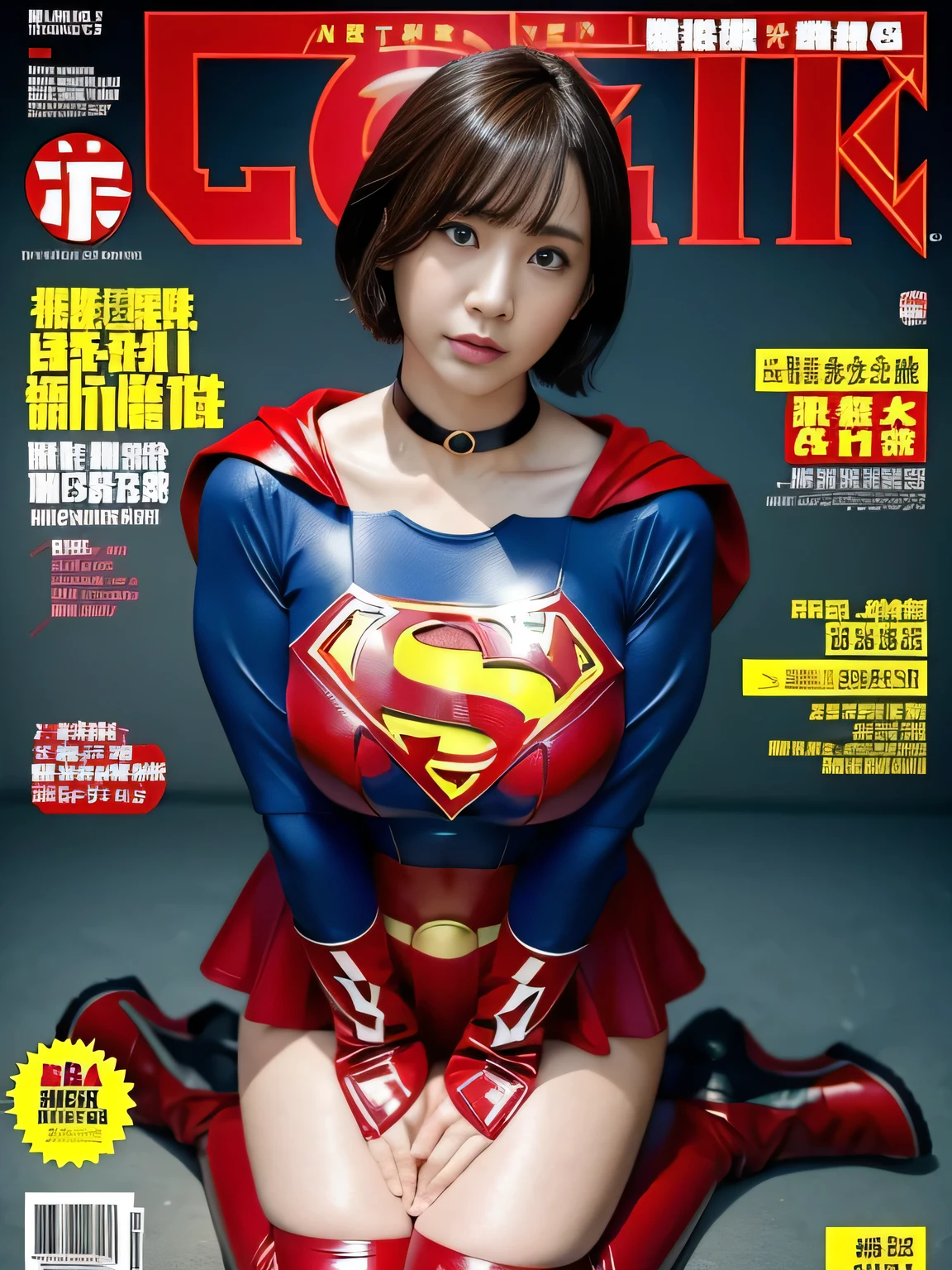 masterpiece、Rubber Supergirl Costume、short hair、Red rubber long boots、Big and ample breasts、looking at the camera、choker、Long sleeve、Cape、mini skirt、Off the shoulder、Sweaty skin、Hospital room、Photo magazine cover、Shut up、Sit down and show off your beautiful legs、Knee-length boots、wallpaper for pc、